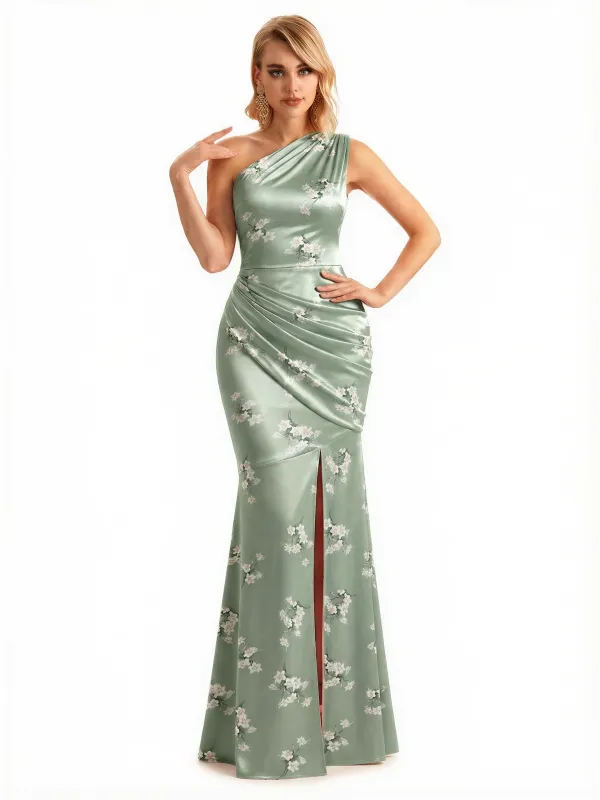 Sexy One Shoulder Side Slit Mermaid Long Satin Floral Formal Dresses For Women sold by ChicSew