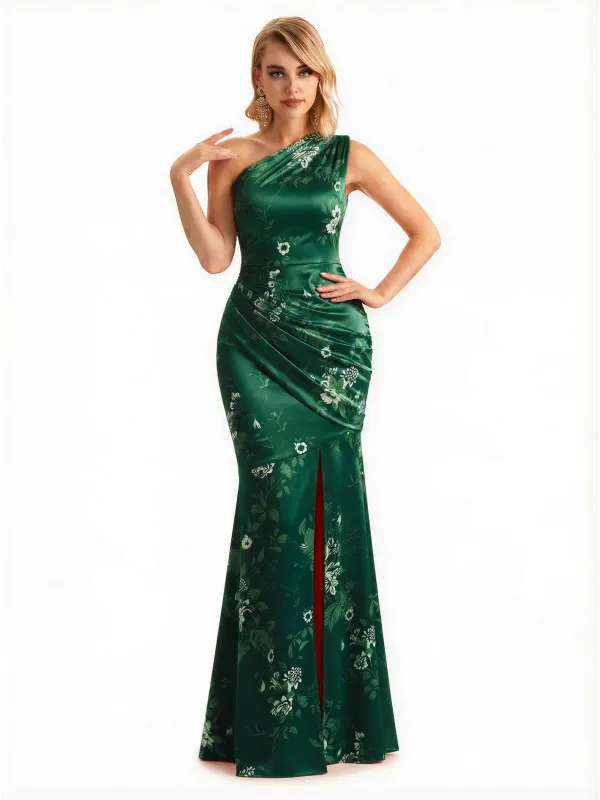 Sexy One Shoulder Side Slit Mermaid Long Satin Floral Formal Dresses For Women sold by ChicSew