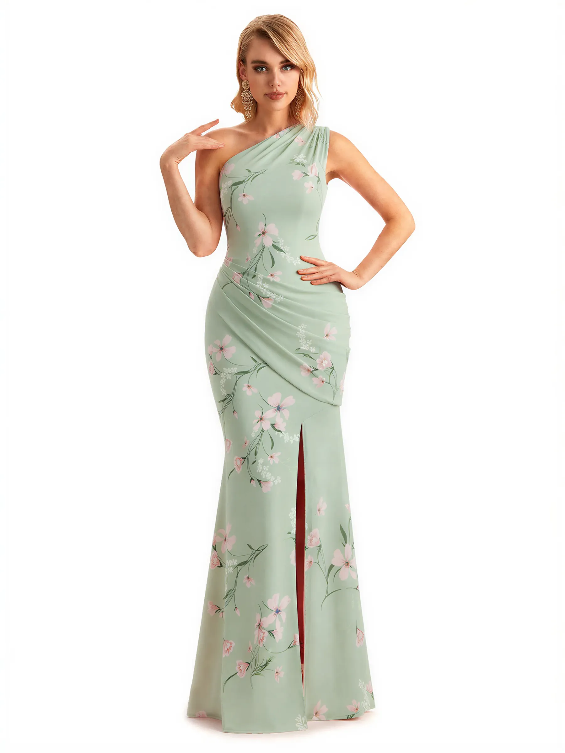 Sexy One Shoulder Side Slit Mermaid Long Satin Floral Formal Dresses For Women sold by ChicSew