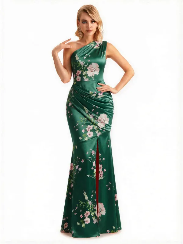 Sexy One Shoulder Side Slit Mermaid Long Satin Floral Formal Dresses For Women sold by ChicSew