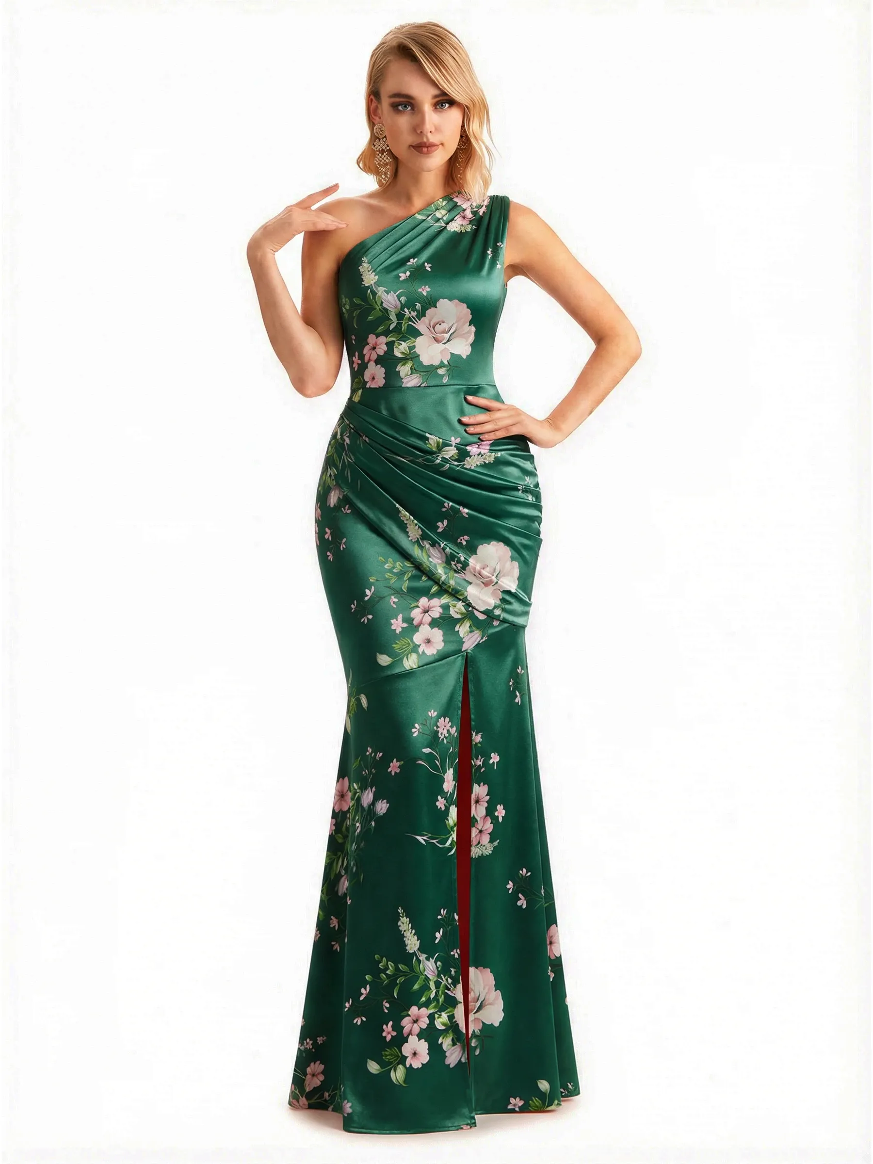 Sexy One Shoulder Side Slit Mermaid Long Satin Floral Formal Dresses For Women sold by ChicSew