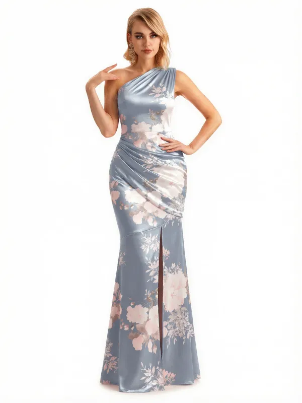 Sexy One Shoulder Side Slit Mermaid Long Satin Floral Formal Dresses For Women sold by ChicSew