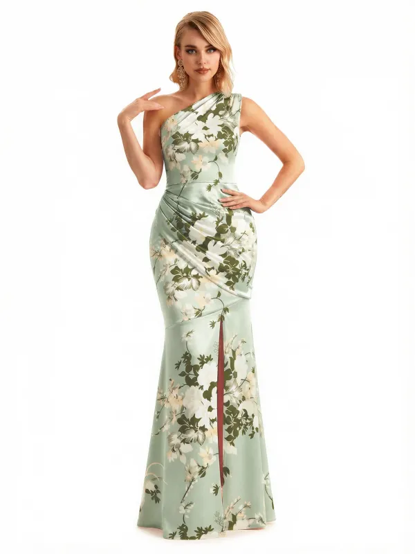 Sexy One Shoulder Side Slit Mermaid Long Satin Floral Formal Dresses For Women sold by ChicSew