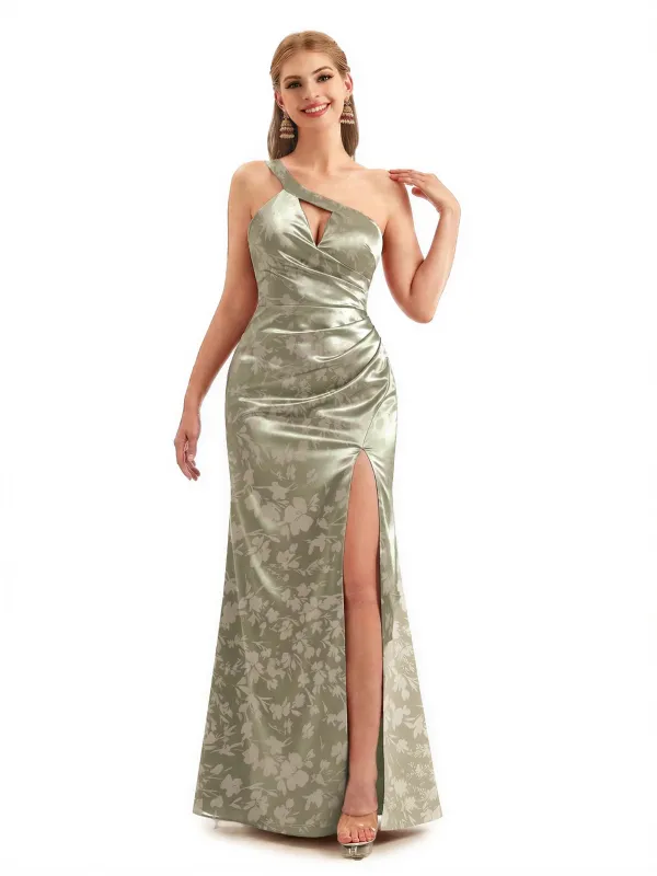 Beautiful One Shoulder Side Slit Mermaid Floral Satin Maxi Floral Formal Dresses For Women sold by ChicSew