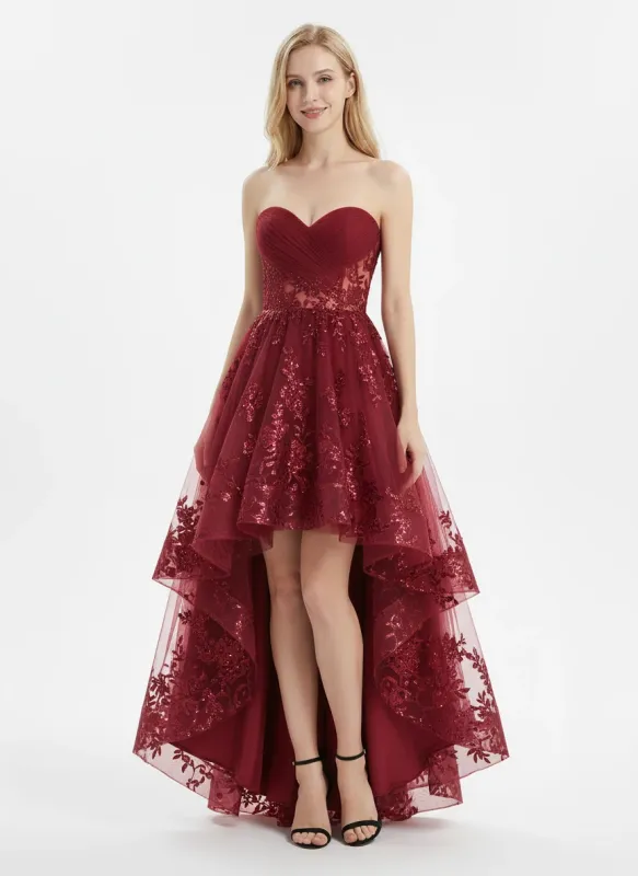 Cute Lace Sweetheart High Low Long Party Prom Dresses sold by ChicSew