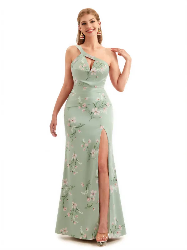 Beautiful One Shoulder Side Slit Mermaid Floral Satin Maxi Floral Formal Dresses For Women sold by ChicSew
