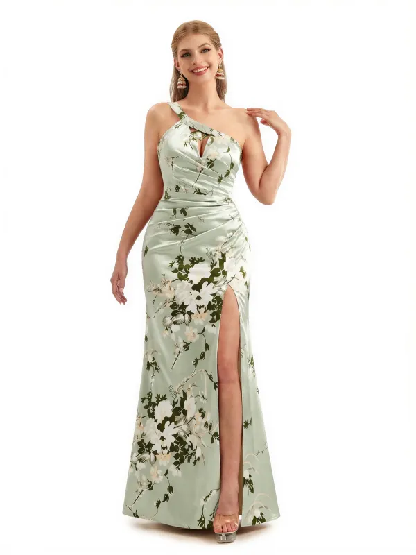 Beautiful One Shoulder Side Slit Mermaid Floral Satin Maxi Floral Formal Dresses For Women sold by ChicSew