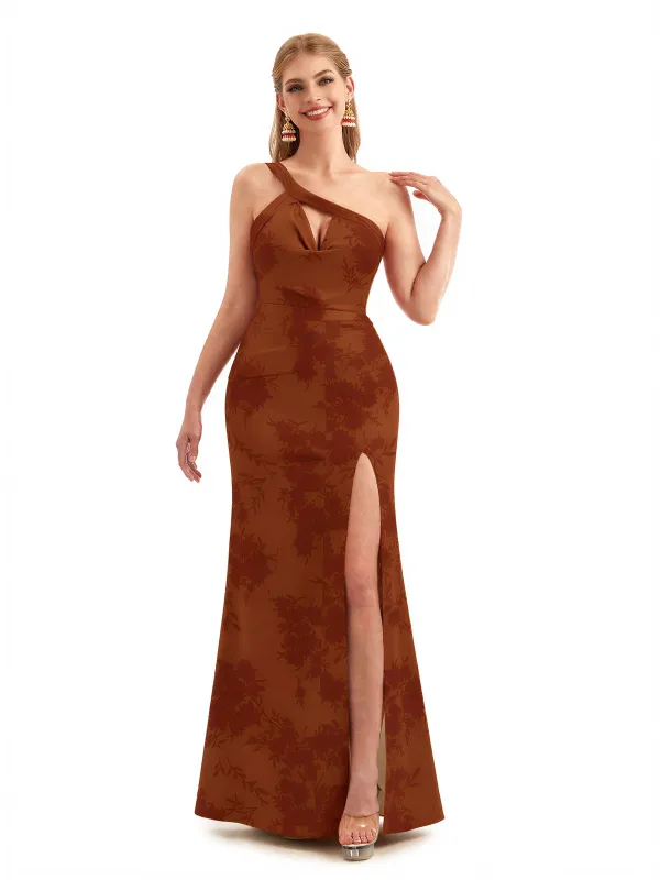 Beautiful One Shoulder Side Slit Mermaid Floral Satin Maxi Floral Formal Dresses For Women sold by ChicSew
