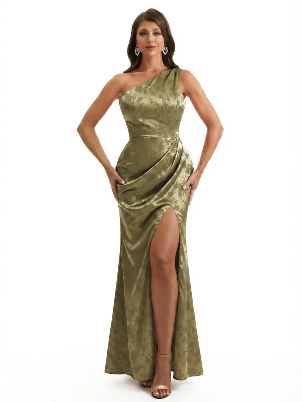 Simple One Shoulder Side Slit Mermaid Floral Satin Maxi Floral Formal Dresses For Women sold by ChicSew