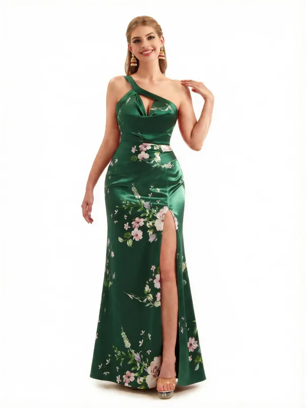 Beautiful One Shoulder Side Slit Mermaid Floral Satin Maxi Floral Formal Dresses For Women sold by ChicSew