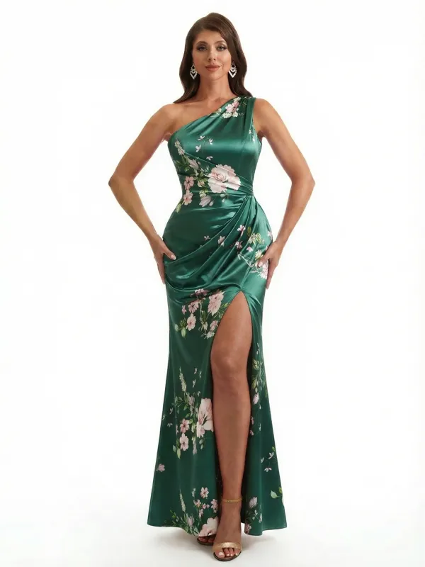 Simple One Shoulder Side Slit Mermaid Floral Satin Maxi Floral Formal Dresses For Women sold by ChicSew