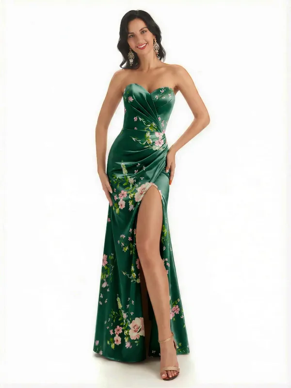 Sexy Sweetheart Side Slit Mermaid Long Satin Floral Formal Dresses For Women sold by ChicSew