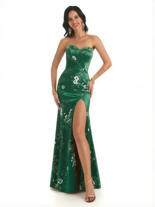 Sexy Sweetheart Side Slit Mermaid Long Satin Floral Formal Dresses For Women sold by ChicSew