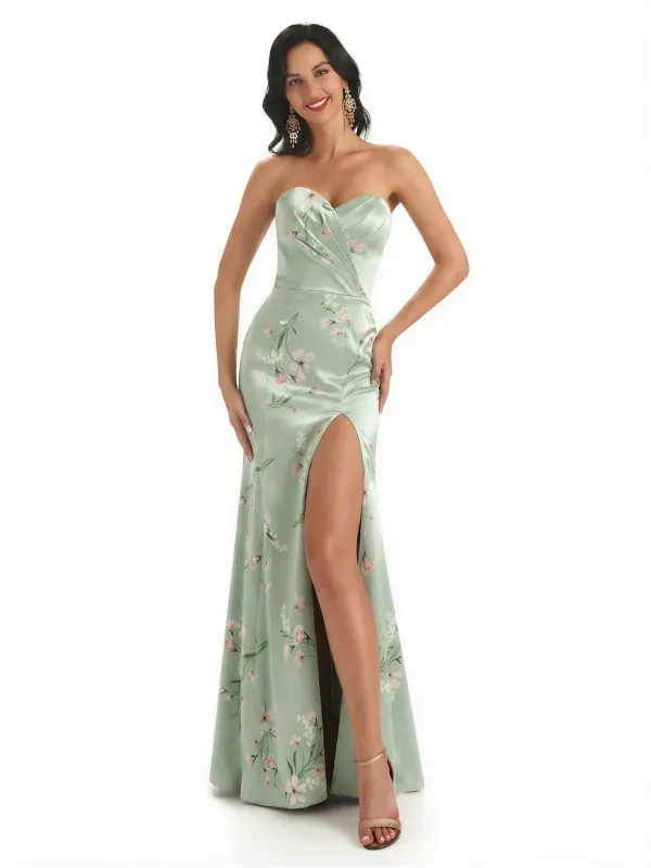 Sexy Sweetheart Side Slit Mermaid Long Satin Floral Formal Dresses For Women sold by ChicSew