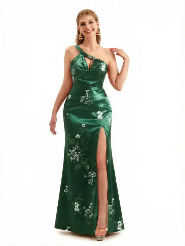 Beautiful One Shoulder Side Slit Mermaid Floral Satin Maxi Floral Formal Dresses For Women sold by ChicSew