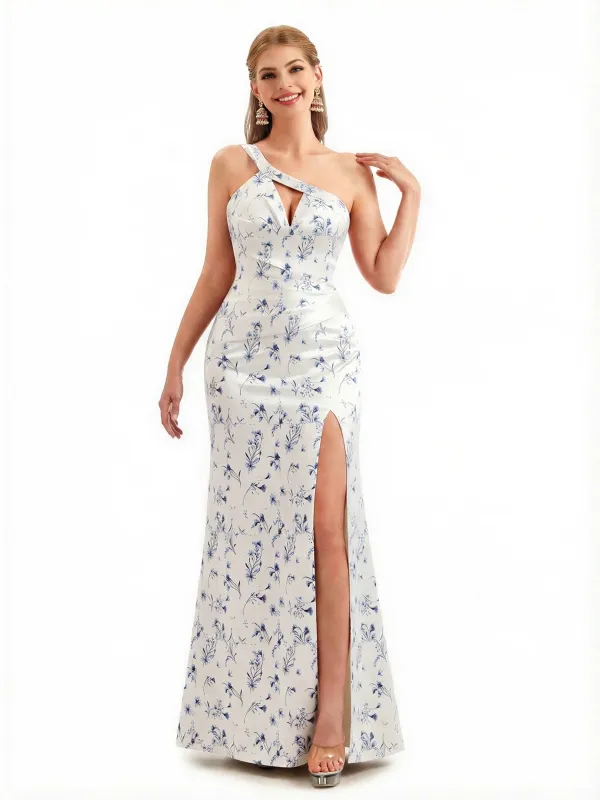 Beautiful One Shoulder Side Slit Mermaid Floral Satin Maxi Floral Formal Dresses For Women sold by ChicSew