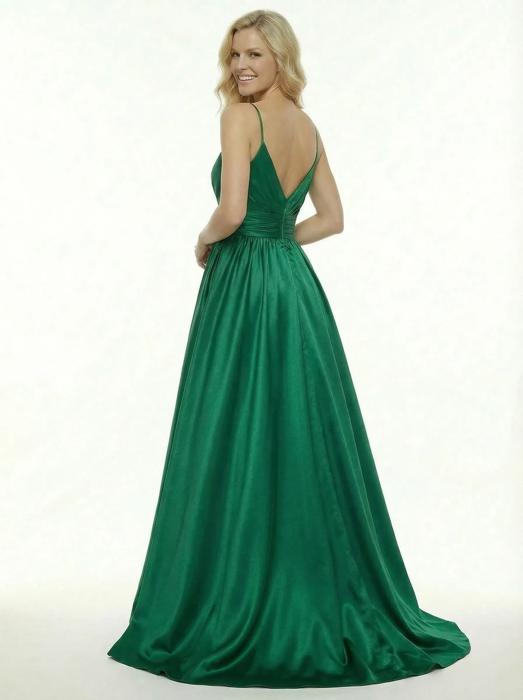 ChicSew Gorgeous Spaghetti Straps V-neck Satin A-Line Ruched Evening Prom Dresses Side Slit sold by ChicSew product image thumbnail 3