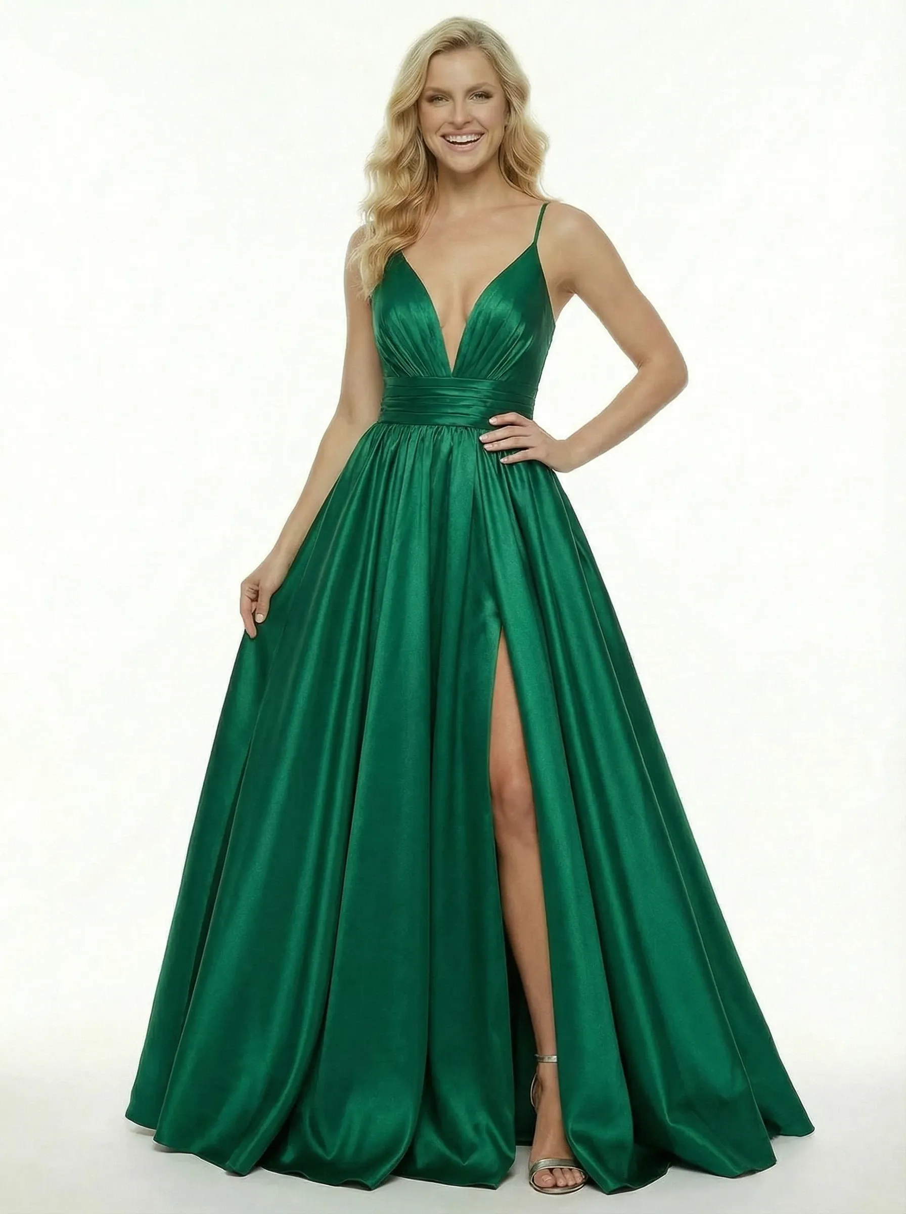 ChicSew Gorgeous Spaghetti Straps V-neck Satin A-Line Ruched Evening Prom Dresses Side Slit sold by ChicSew