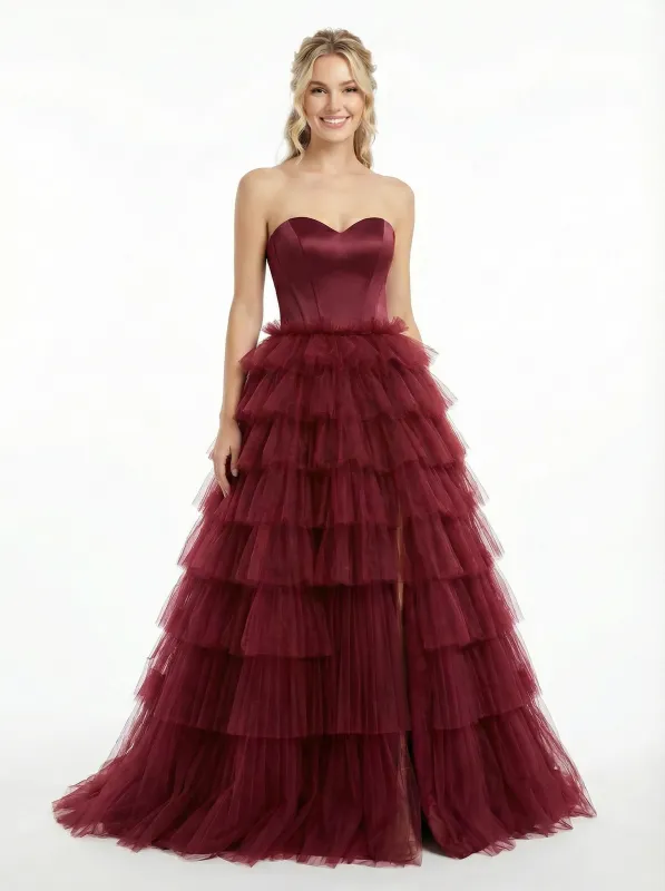 Strapless Sweetheart A Line Side Slit Long Party Ball Gown Prom Dresses sold by ChicSew