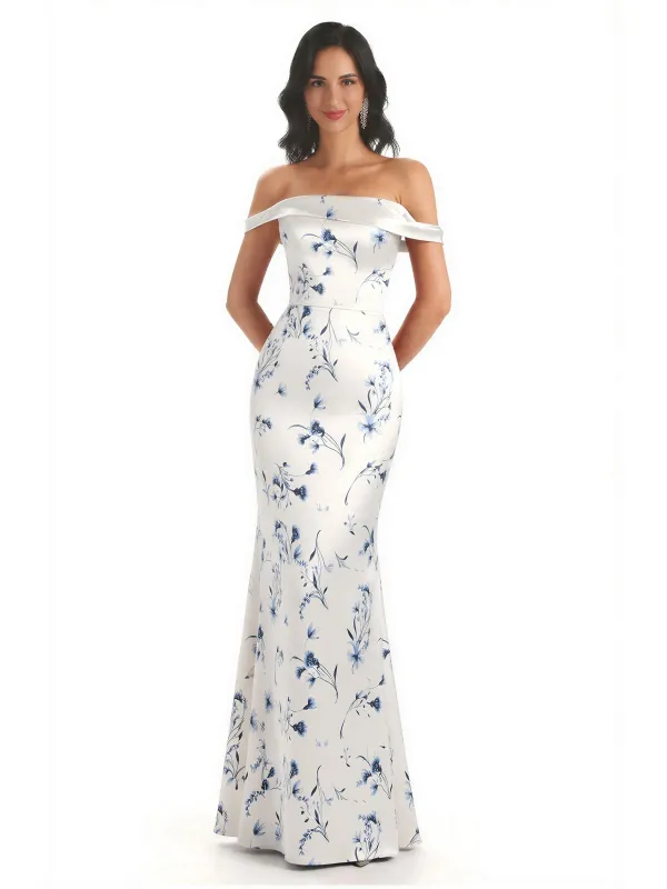Trendy Off Shoulder Mermaid Floral Satin Maxi Floral Evening Formal Dresses sold by ChicSew