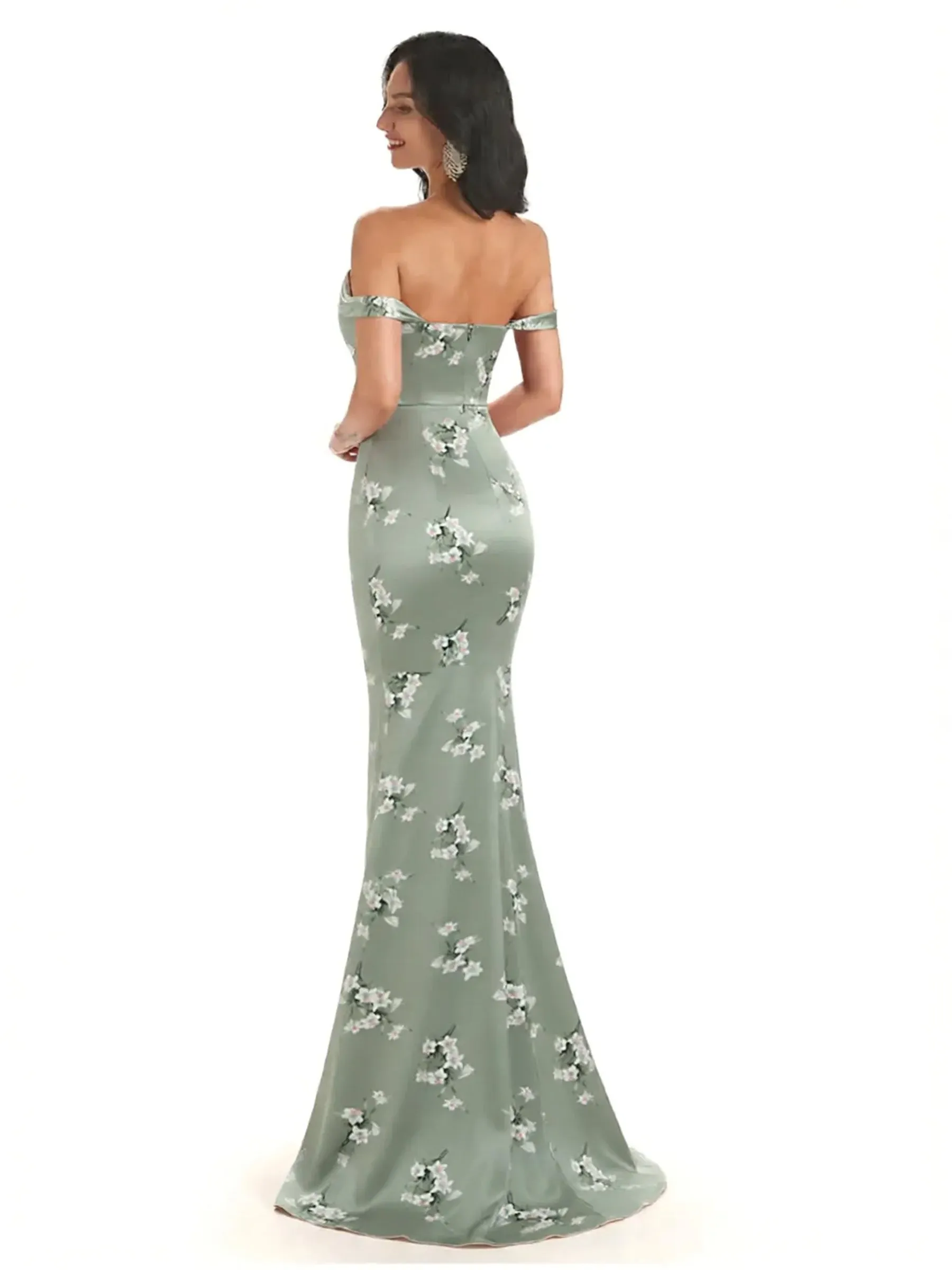Trendy Off Shoulder Mermaid Floral Satin Maxi Floral Evening Formal Dresses sold by ChicSew product image thumbnail 2