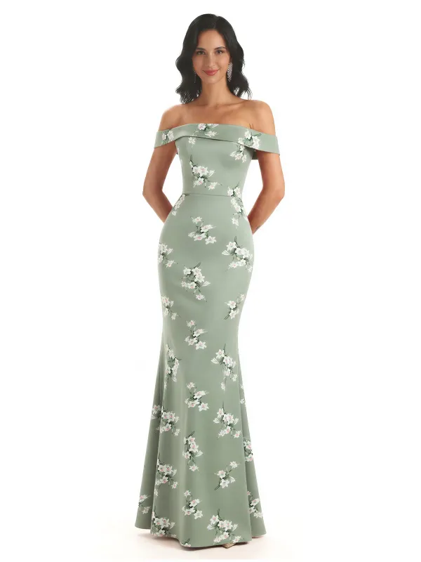 Trendy Off Shoulder Mermaid Floral Satin Maxi Floral Evening Formal Dresses sold by ChicSew
