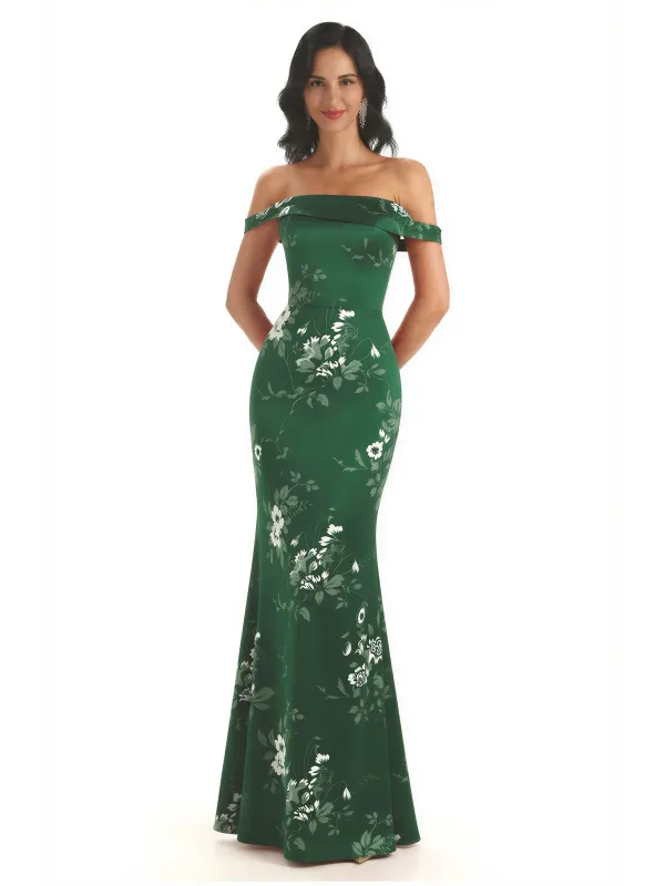 Trendy Off Shoulder Mermaid Floral Satin Maxi Floral Evening Formal Dresses sold by ChicSew
