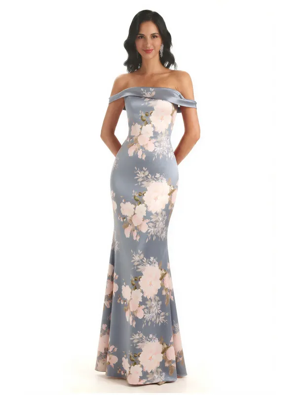 Trendy Off Shoulder Mermaid Floral Satin Maxi Floral Evening Formal Dresses sold by ChicSew