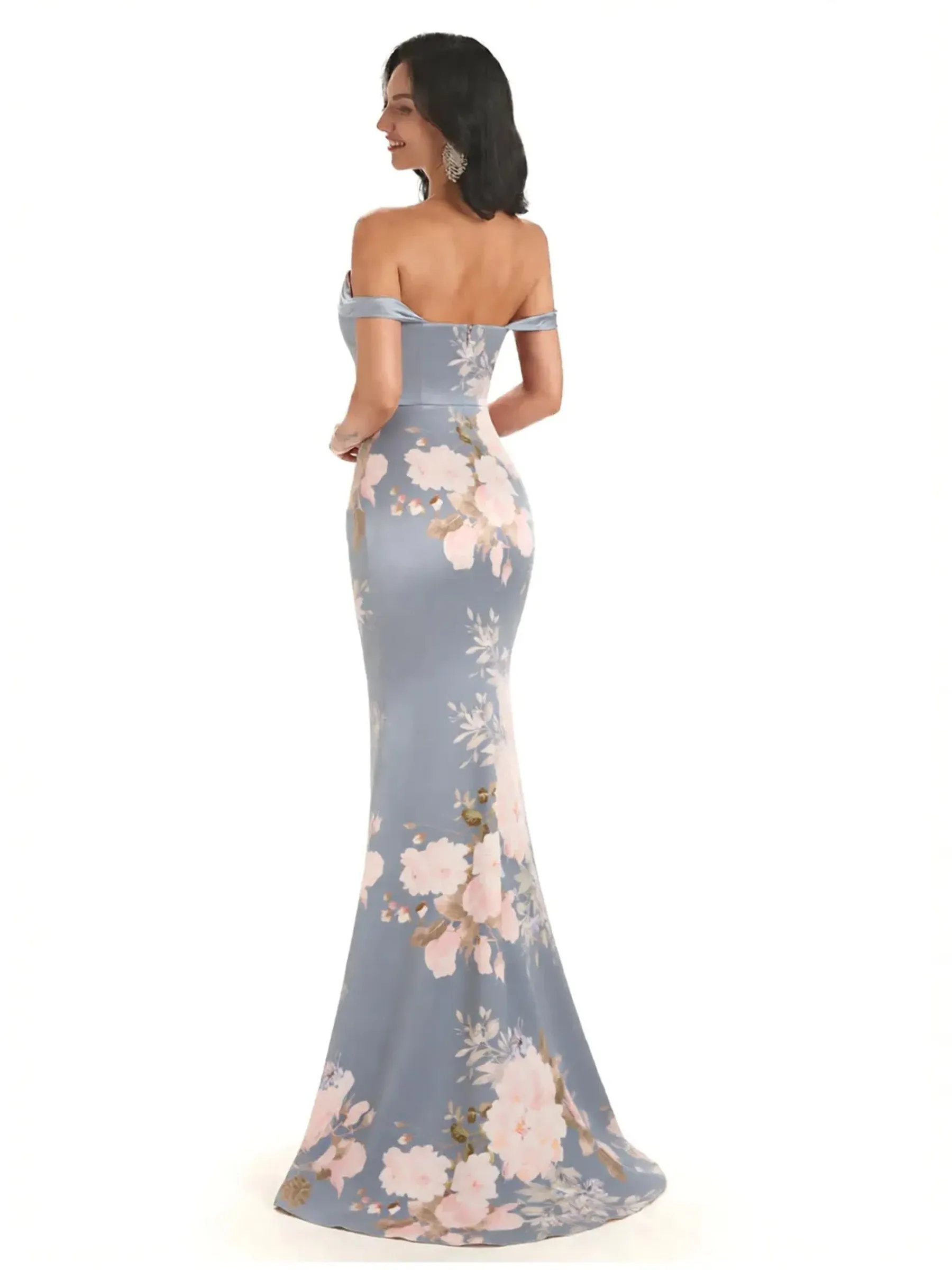 Trendy Off Shoulder Mermaid Floral Satin Maxi Floral Evening Formal Dresses sold by ChicSew product image thumbnail 2