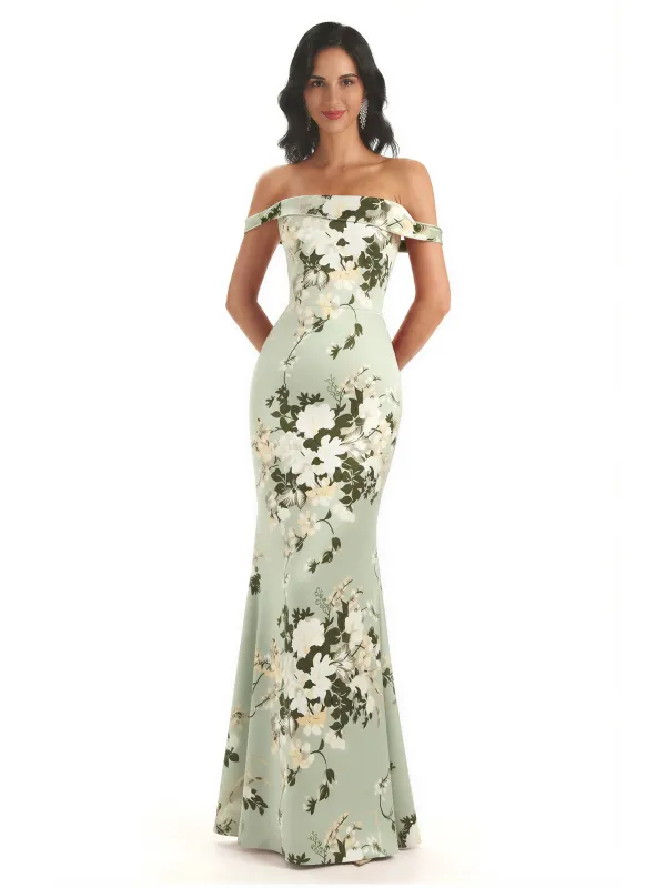 Trendy Off Shoulder Mermaid Floral Satin Maxi Floral Evening Formal Dresses sold by ChicSew