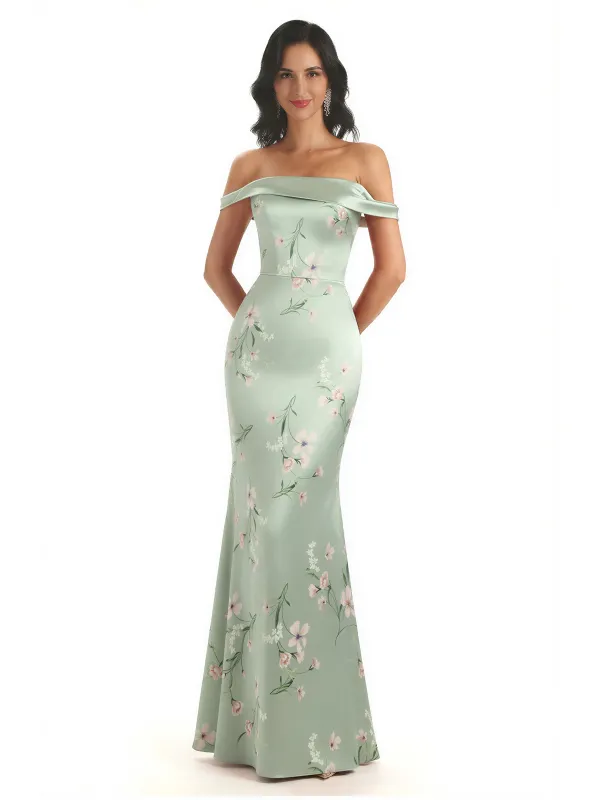 Trendy Off Shoulder Mermaid Floral Satin Maxi Floral Evening Formal Dresses sold by ChicSew