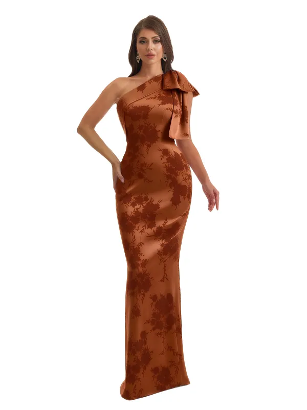 Elegant One Shoulder Mermaid Long Satin Floral Formal Dresses For Women With Back Slit sold by ChicSew