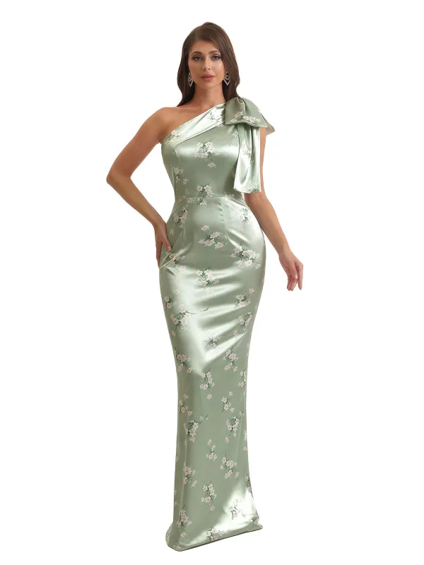 Elegant One Shoulder Mermaid Long Satin Floral Formal Dresses For Women With Back Slit sold by ChicSew