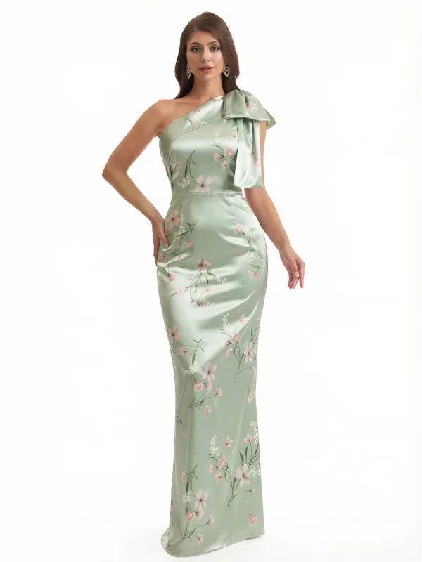 Elegant One Shoulder Mermaid Long Satin Floral Formal Dresses For Women With Back Slit sold by ChicSew