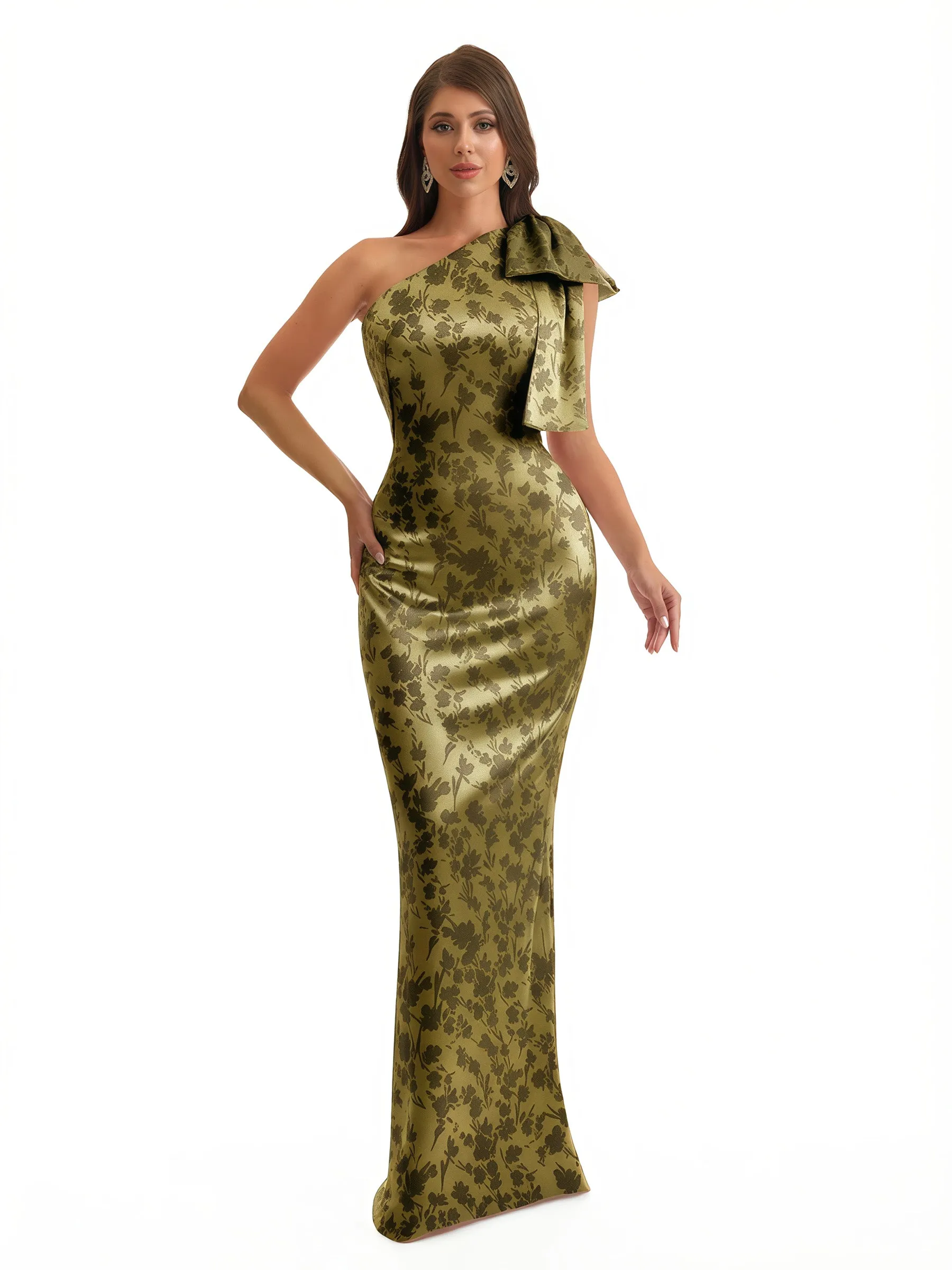 Elegant One Shoulder Mermaid Long Satin Floral Formal Dresses For Women With Back Slit sold by ChicSew