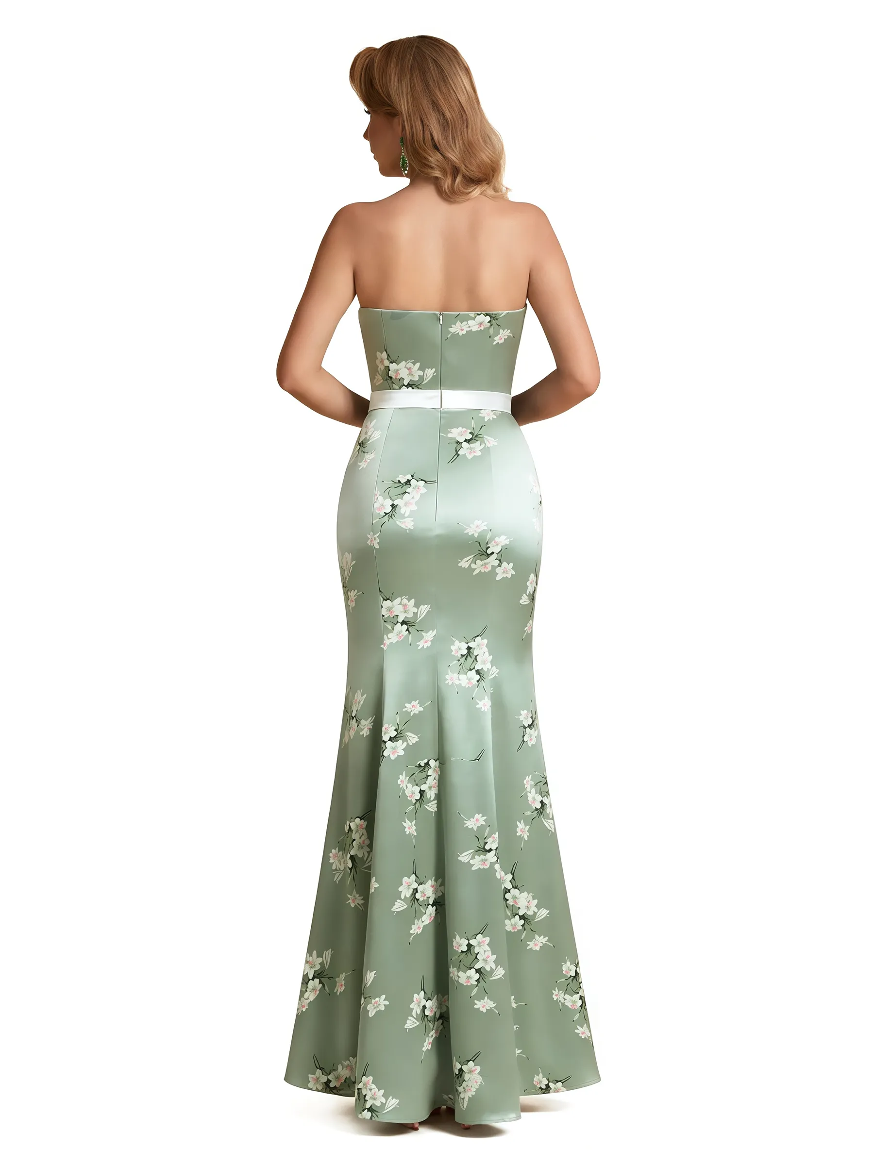 Elegant Strapless Side Slit Mermaid Long Satin Floral Formal Dresses For Women sold by ChicSew product image thumbnail 2