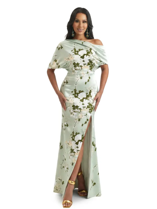 Elegant Half Sleeves Side Slit Mermaid Floral Satin Maxi Floral Formal Dresses For Women sold by ChicSew