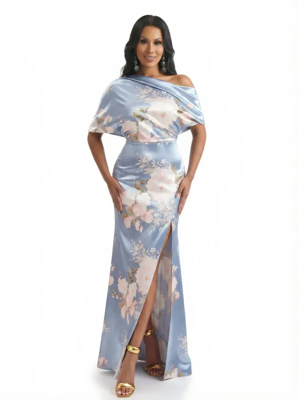 Elegant Half Sleeves Side Slit Mermaid Floral Satin Maxi Floral Formal Dresses For Women sold by ChicSew