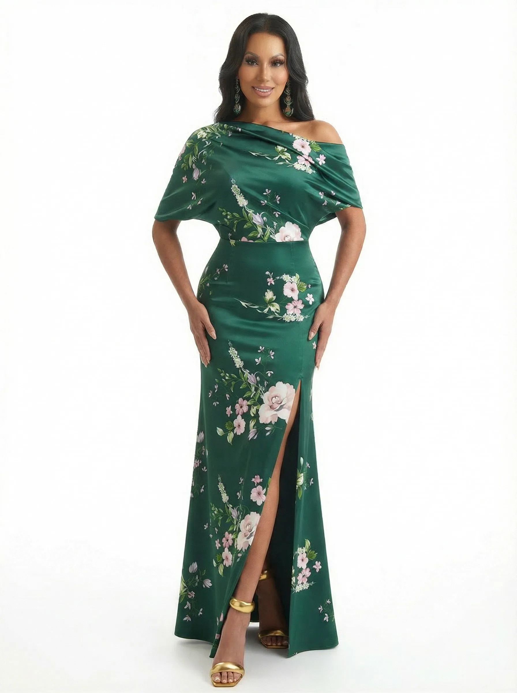 Elegant Half Sleeves Side Slit Mermaid Floral Satin Maxi Floral Formal Dresses For Women sold by ChicSew