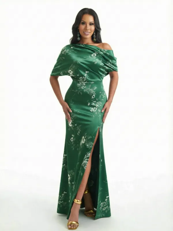 Elegant Half Sleeves Side Slit Mermaid Floral Satin Maxi Floral Formal Dresses For Women sold by ChicSew