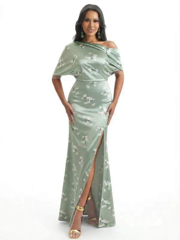 Elegant Half Sleeves Side Slit Mermaid Floral Satin Maxi Floral Formal Dresses For Women sold by ChicSew