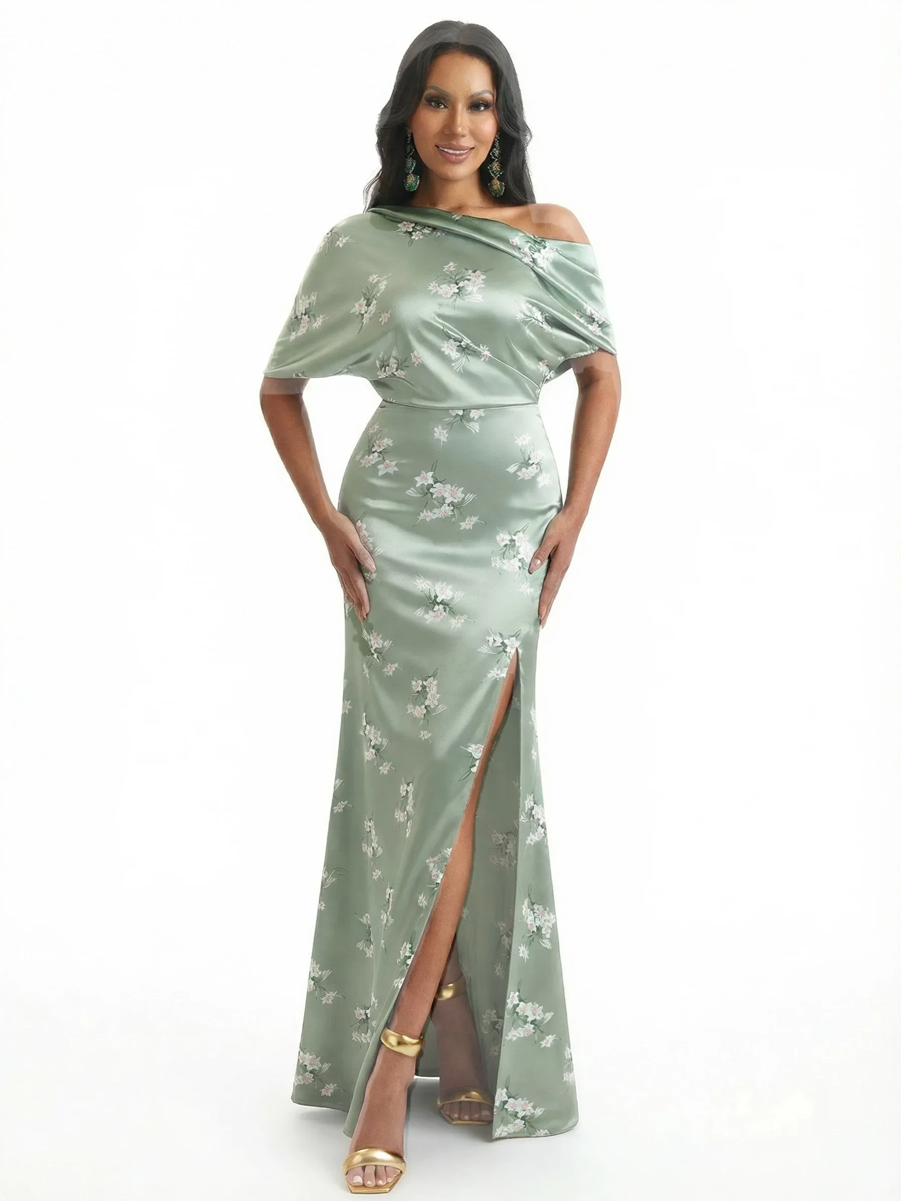 Elegant Half Sleeves Side Slit Mermaid Floral Satin Maxi Floral Formal Dresses For Women sold by ChicSew