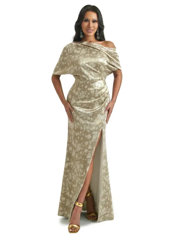 Elegant Half Sleeves Side Slit Mermaid Floral Satin Maxi Floral Formal Dresses For Women sold by ChicSew