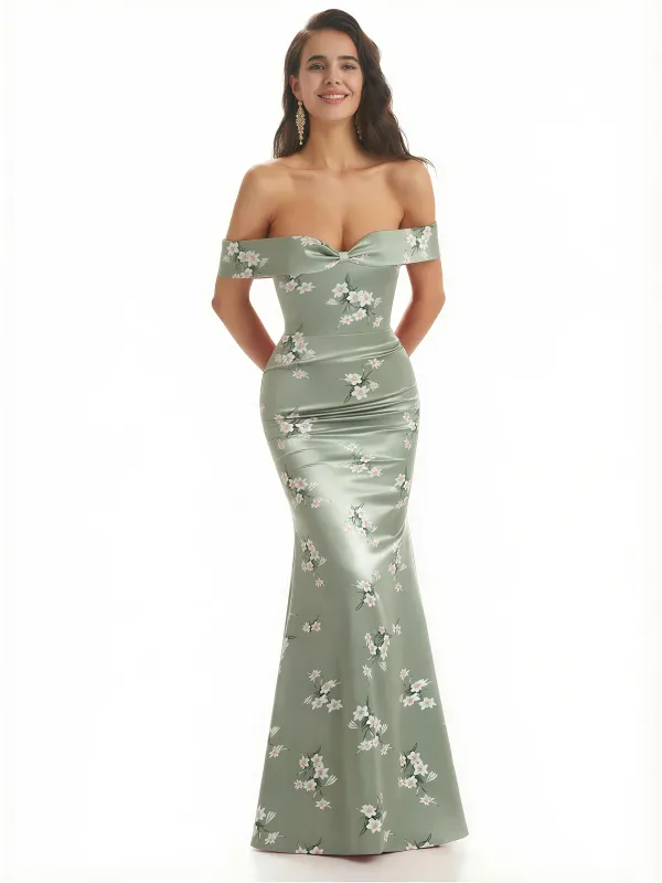 Elegant Off Shoulder Mermaid Floral Satin Maxi Floral Formal Evening Dresses sold by ChicSew