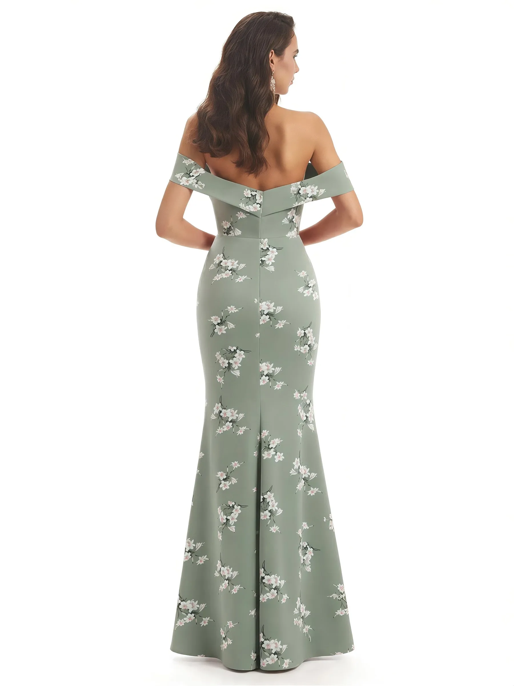 Elegant Off Shoulder Mermaid Floral Satin Maxi Floral Formal Evening Dresses sold by ChicSew product image thumbnail 2