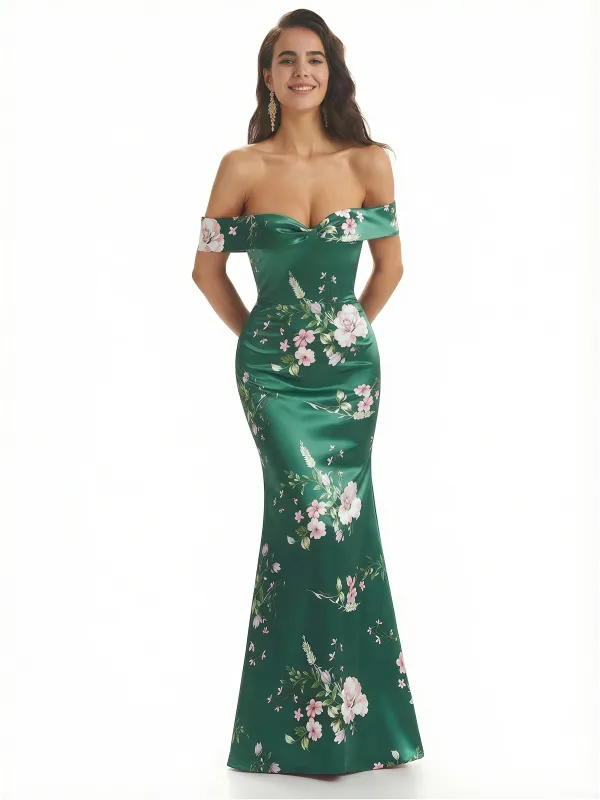 Elegant Off Shoulder Mermaid Floral Satin Maxi Floral Formal Evening Dresses sold by ChicSew