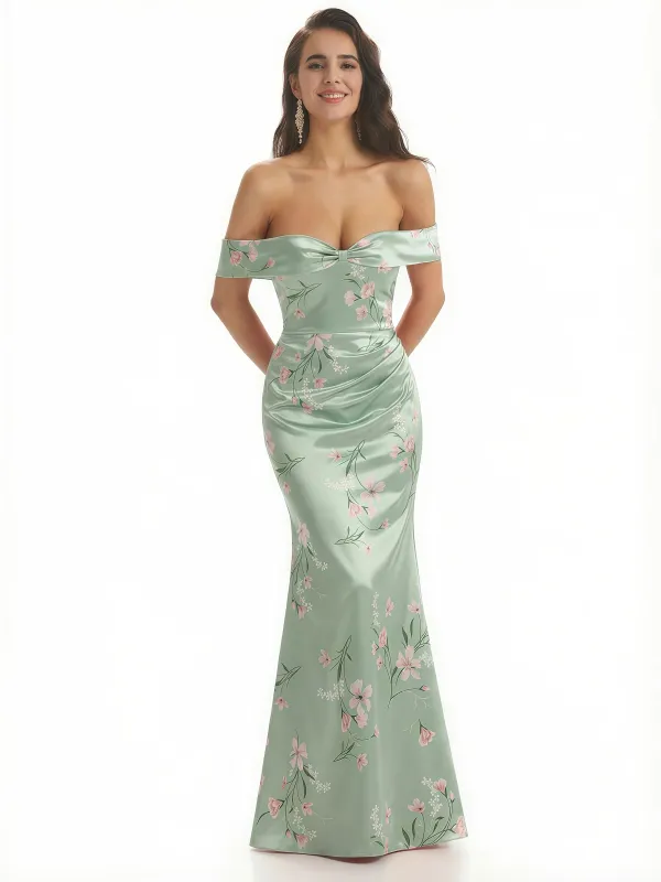 Elegant Off Shoulder Mermaid Floral Satin Maxi Floral Formal Evening Dresses sold by ChicSew