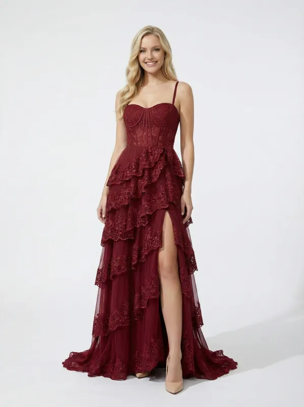 Elegant Spaghetti Straps A-line Side Slit Lace Tulle Long Evening Prom Dresses sold by ChicSew