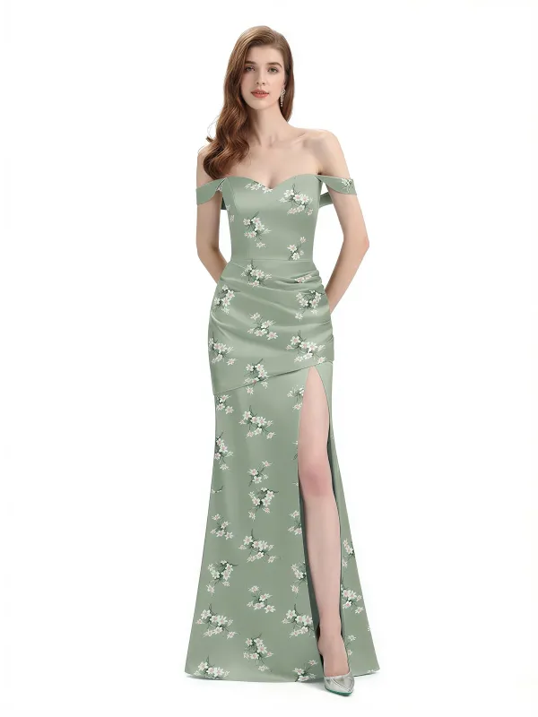 Elegant Off Shoulder Mermaid Side Slit Floral Satin Maxi Floral Formal Dresses For Women sold by ChicSew