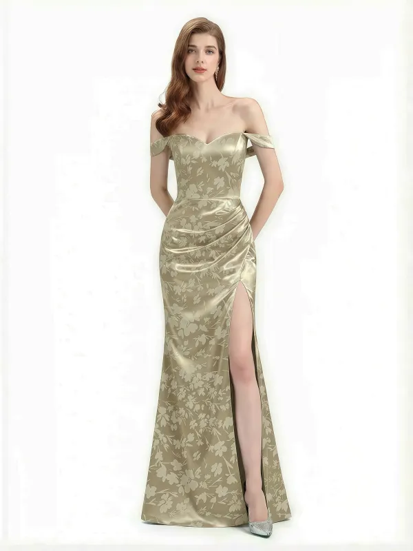 Elegant Off Shoulder Mermaid Side Slit Floral Satin Maxi Floral Formal Dresses For Women sold by ChicSew